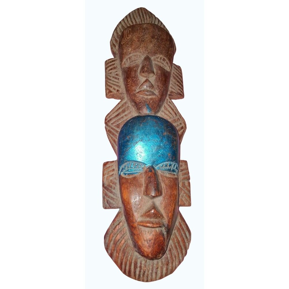 Hand-Carved Wooden Tribal Mask Wall Hanging With Dual Faces Blue Painted Detail
